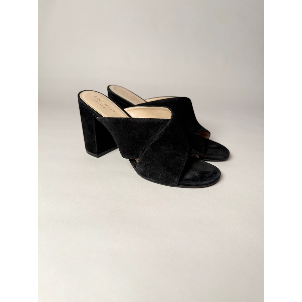 Cole Haan Grand.OS Black Suede Crossover Block Heel Mules W08738 Size 7.5B